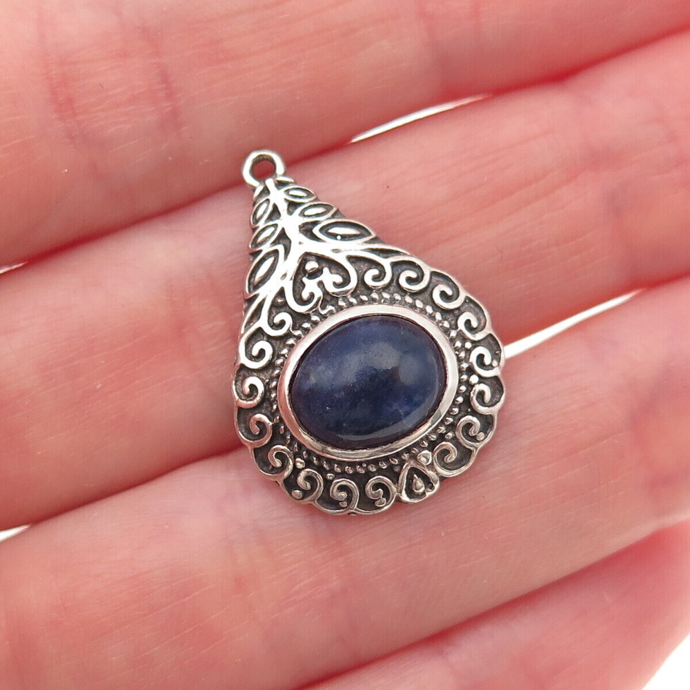 925 Sterling Silver Vintage Real Sodalite Teardrop Oxidized Charm Pendant